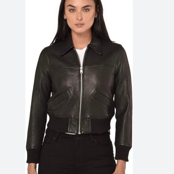 All Saints Cropped Pascao Leather Bomber Jacket Black Small us 8 - Picture 4 of 9